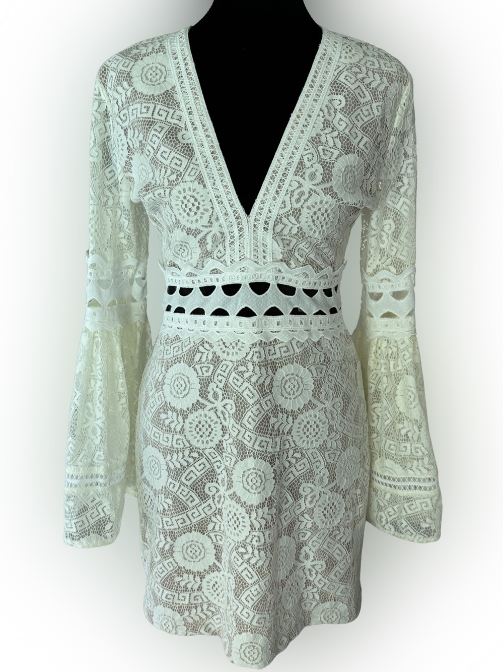 Endless Rose Lace Mini Dress Size S Beige Bell Sleeve Mock Neck Lined Sheer.